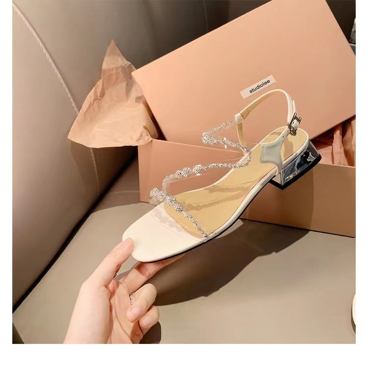 Dame Strass Sandaler med transparent remdesign og komfortabel blokhæl Stilla