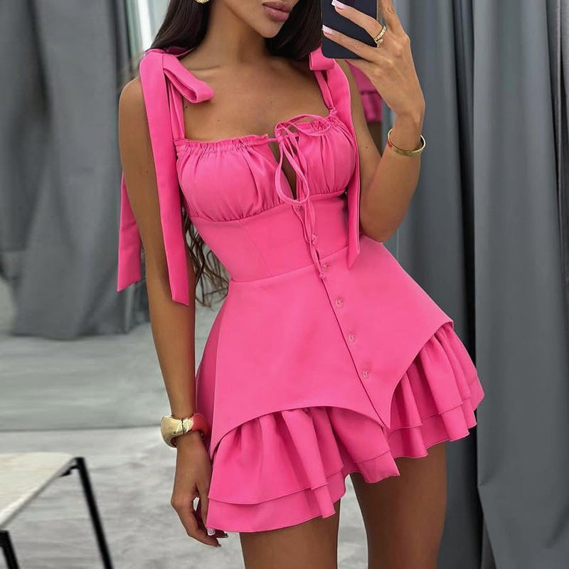 Dame sommerligt minikjole med ruffles detaljer og taljeknude Stilla