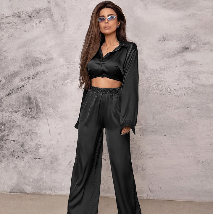 Dame Satin Jumpsuit-Sæt med afslappet elegance og bredt ben Stilla