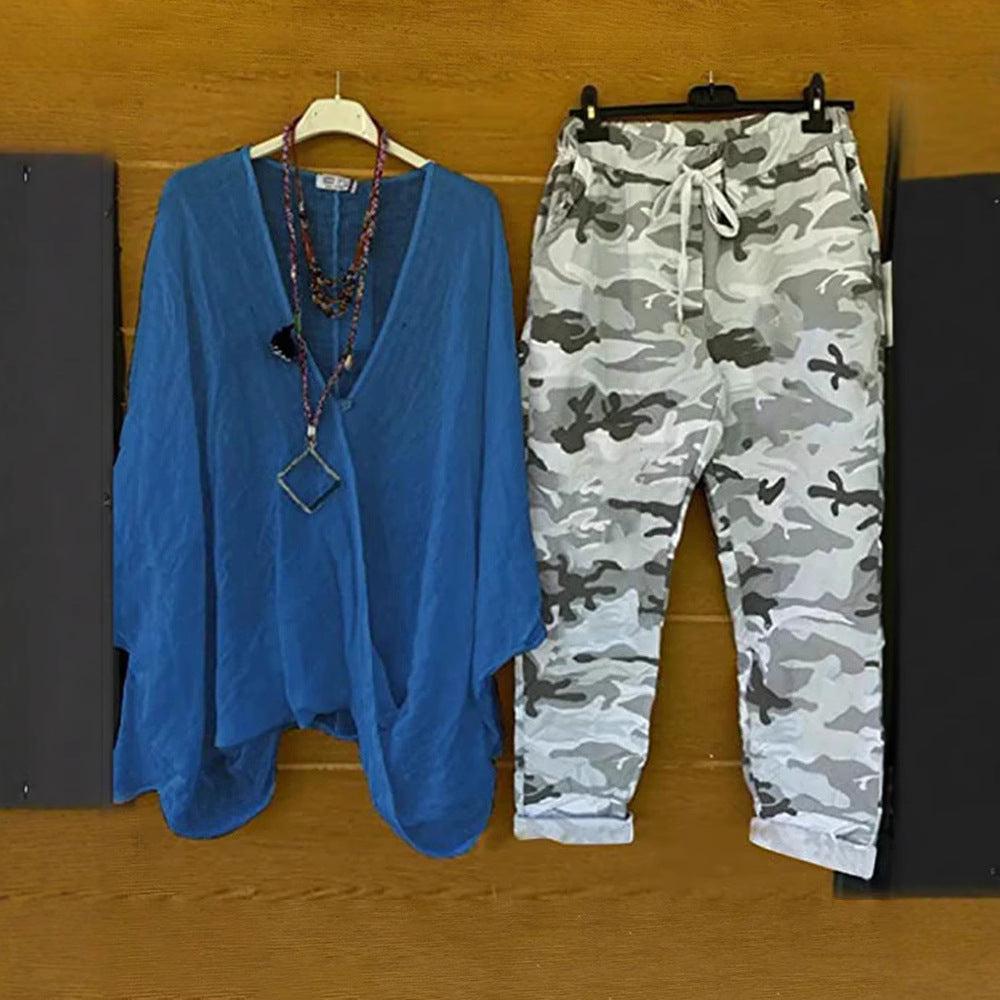 Dame nan to-delt outfit af flydende kimono-top og camouflage-joggingbukser Skovae