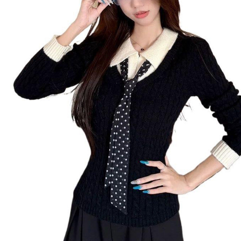 Kvinders Ribbet Strik Sweater med Skjorte Krave og Slips Stilla