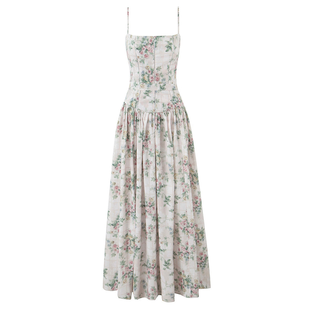 Dame Midi-kjole med floral vintage-design og justerbare spaghetti-stropper Stilla