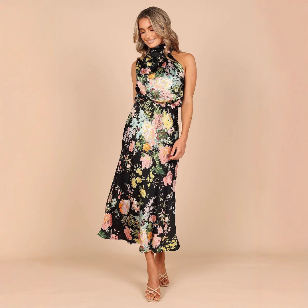 Dame Midi-kjole med elegant indpakningskrave og blomsterdesign Stilla