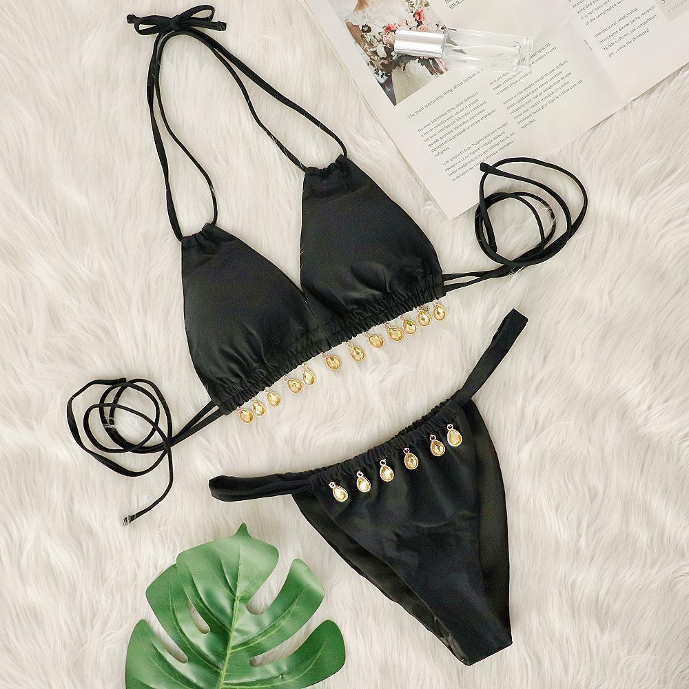 Kvinder Bejeweled Halter Neck Bikini Sæt Stilla