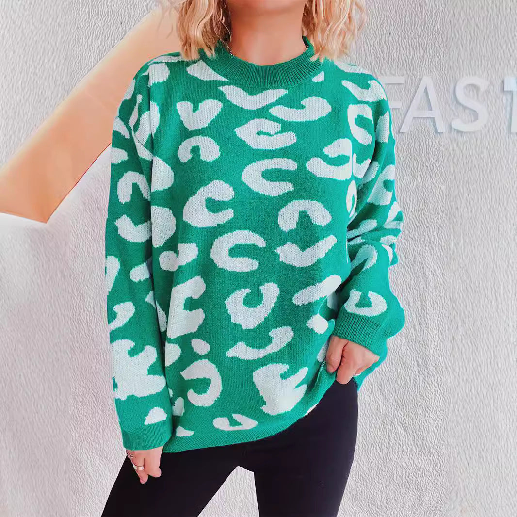 Dame komfortabel oversized pullover med moderne leopardmønster og rund halsudskæring Stilla