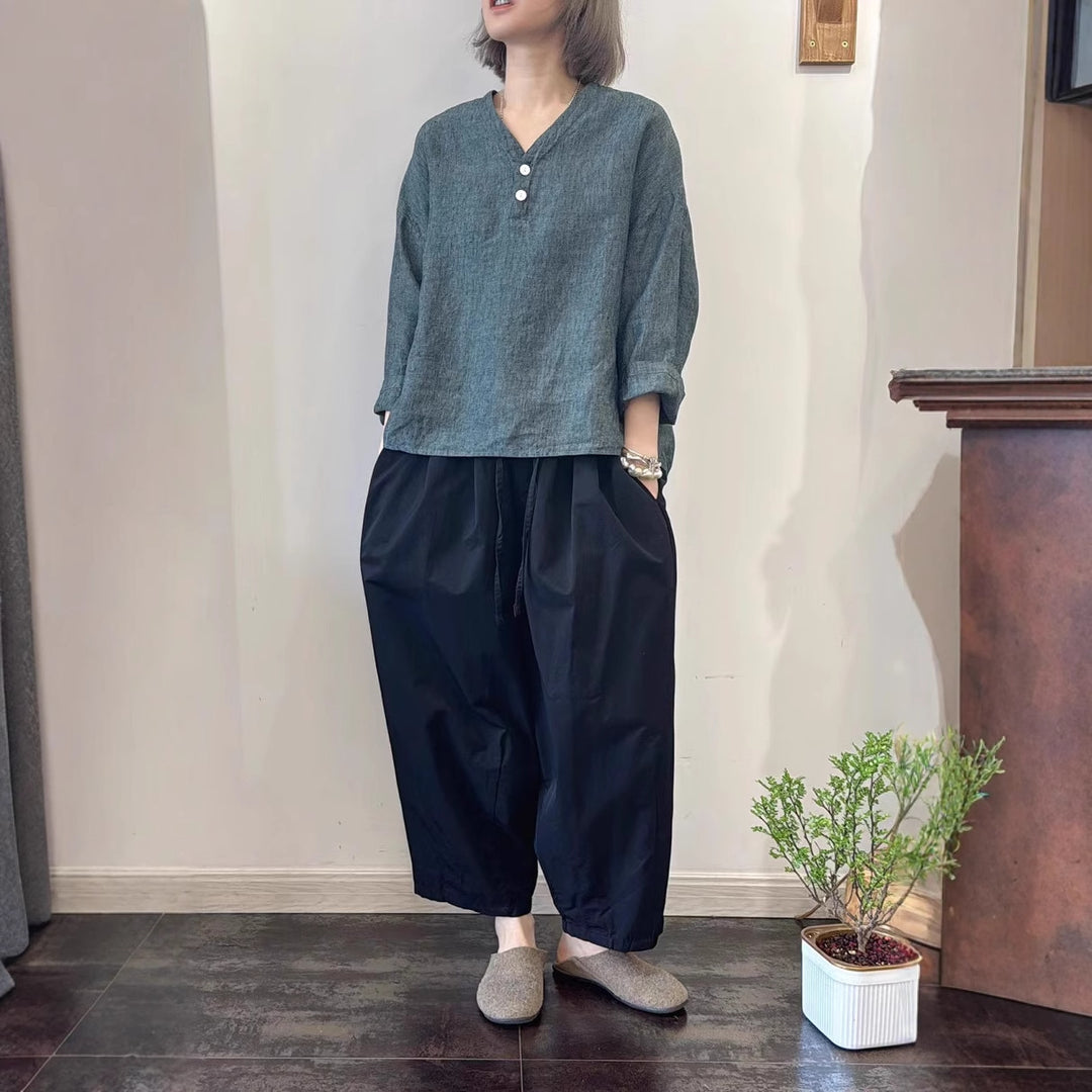 Femme Casual V-Udskæring Linned Top Stilla