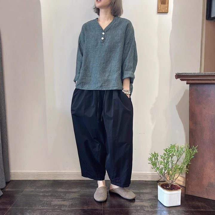 Femme Casual V-Udskæring Linned Top Stilla