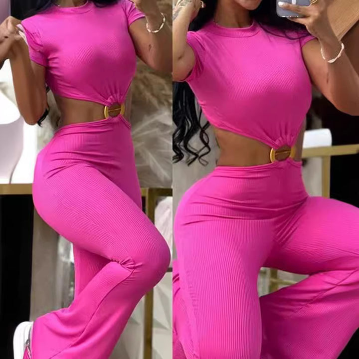 Dame Crop-Top og flared Bukse Sæt med Bælte Stilla
