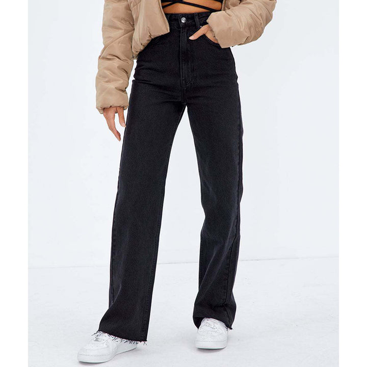 Dame Høj Talje Bred Ben Jeans med frynset afslutning Stilla