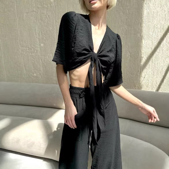 Kvinders afslappede crop top og brede højtaljede bukser sæt Skovae
