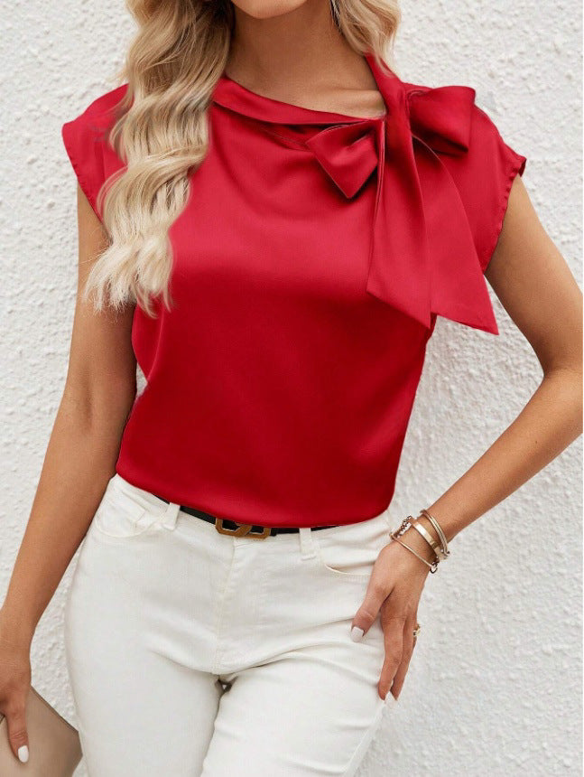 Dame Elegant Satinbluse med Sløjfedetalje Skovae