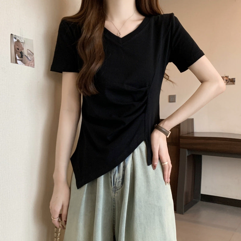 Dame V-hals Draperet kant T-shirt Stilla