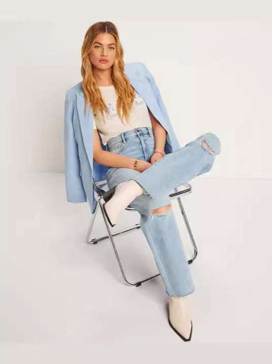 Dame Højtaljede Denim-Jeans med afslappede revnedetaljer og bredt skåret ben Stilla