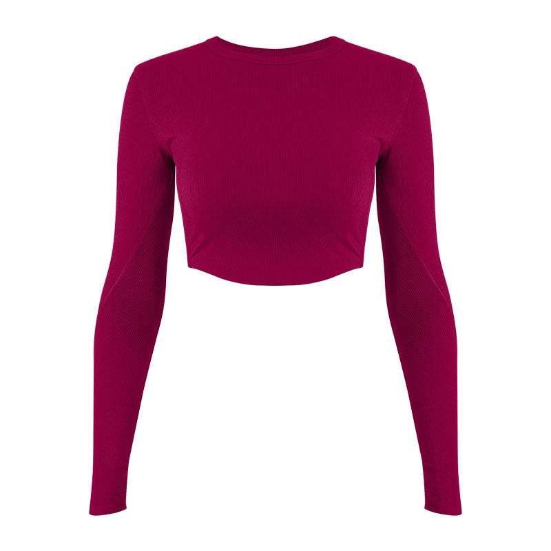 Damer mode Langærmet Crop-Top i elastisk ribmateriale med rund halsudskæring Stilla