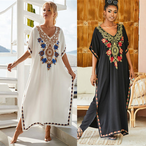 Dame Kaftan med kunstnerisk broderi og elegant V-udskæring Stilla