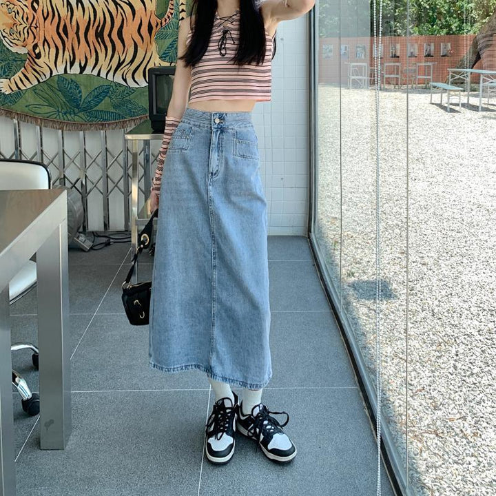 Kvinders afslappede midi denim nederdel med sideslidser Stilla