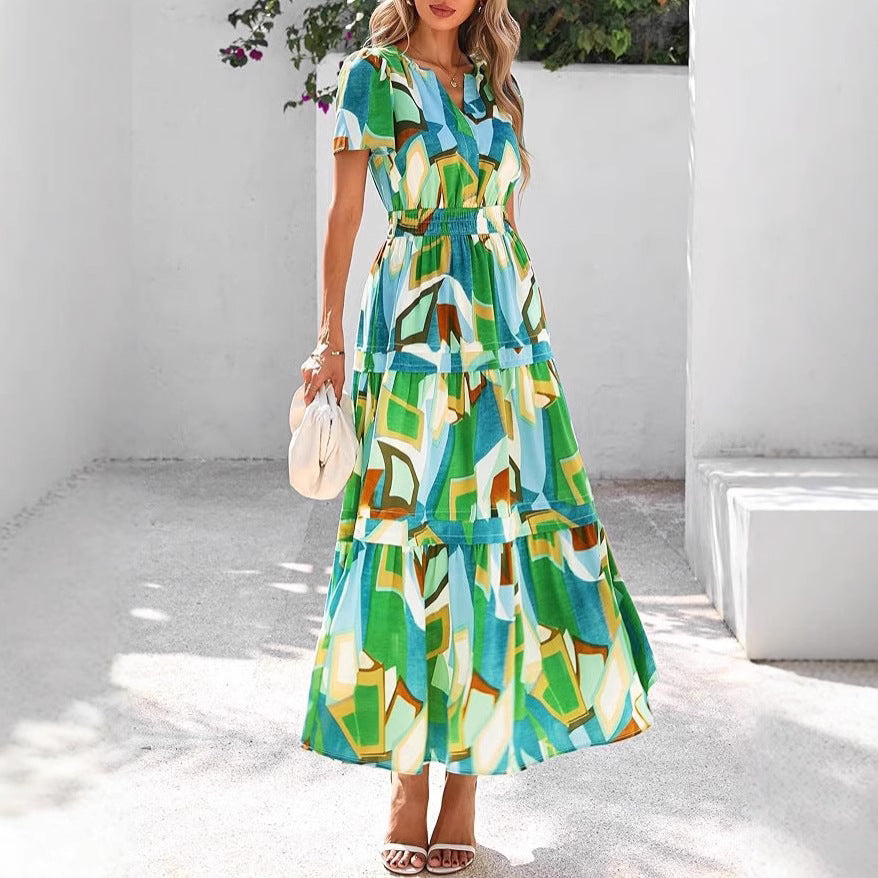Dame Maxikjole med blomsterprint og elastisk talje Stilla