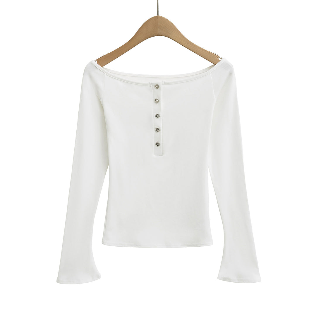 Dame Off-Shoulder Langærmet T-shirt med elegant knapliste og fint ribmateriale Stilla