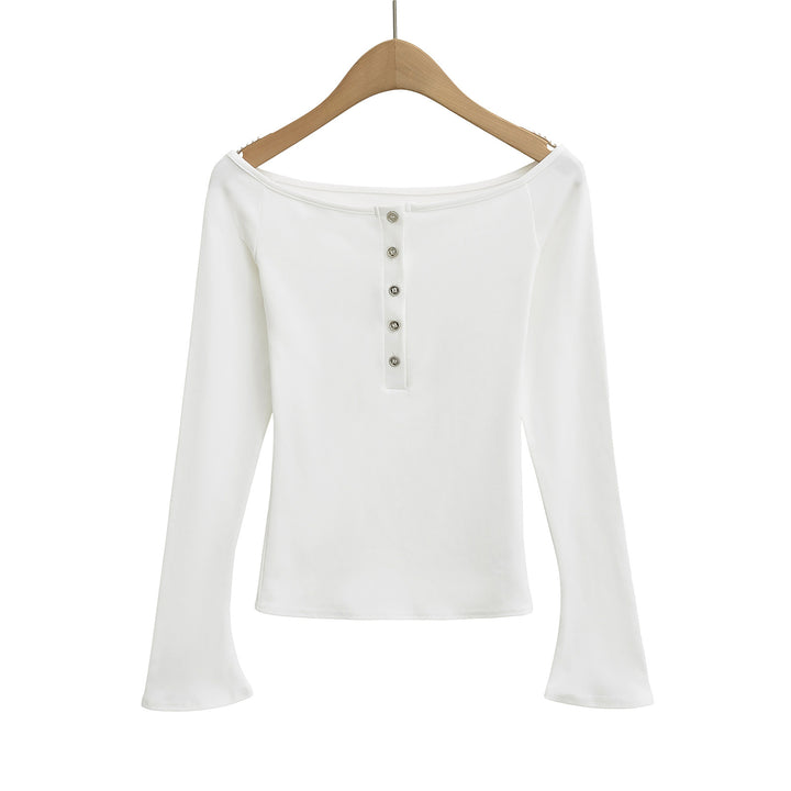 Dame Off-Shoulder Langærmet T-shirt med elegant knapliste og fint ribmateriale Stilla