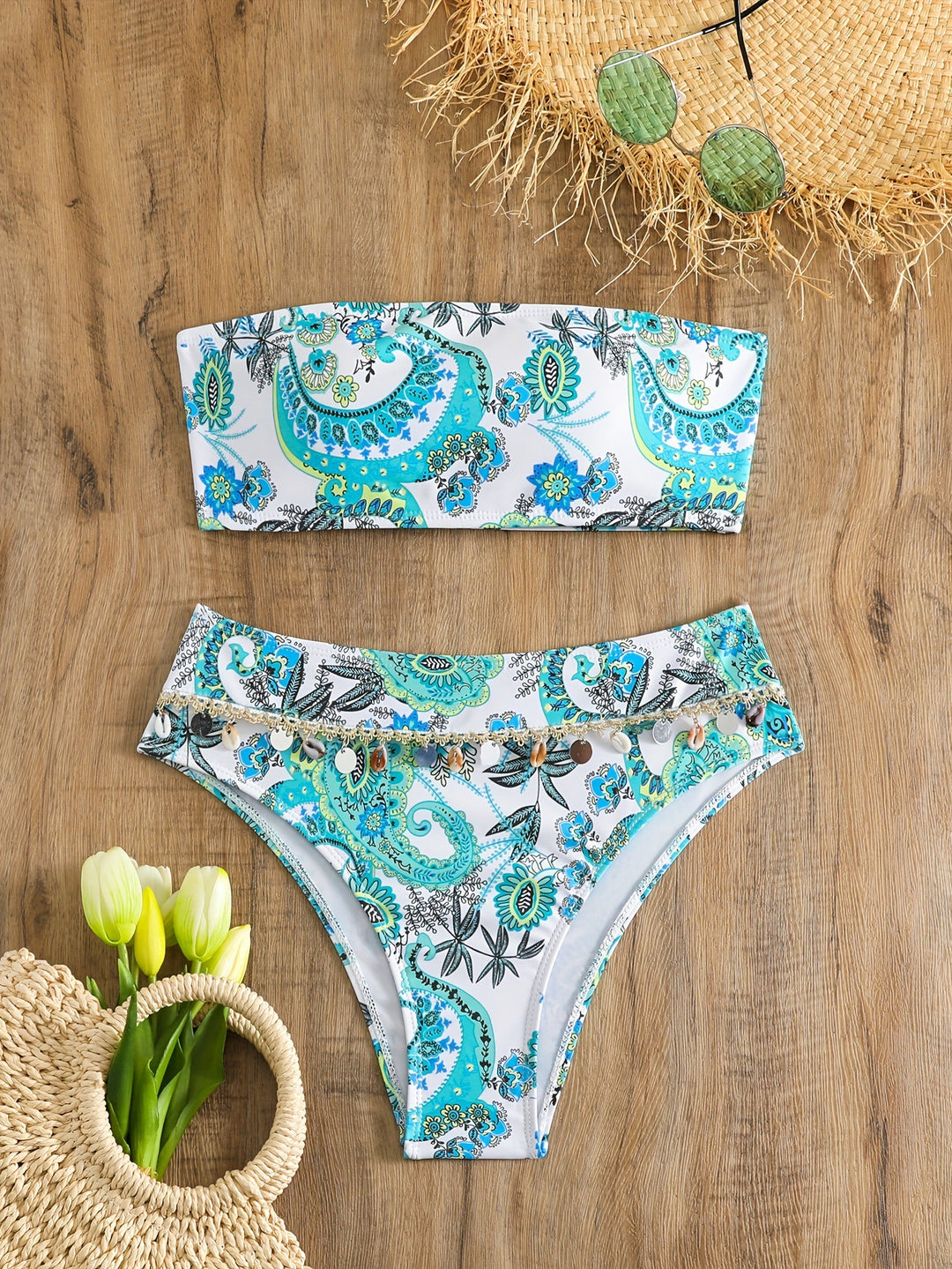Dame Bandeau-bikini-sæt med elegante muslingedetaljer Skovae