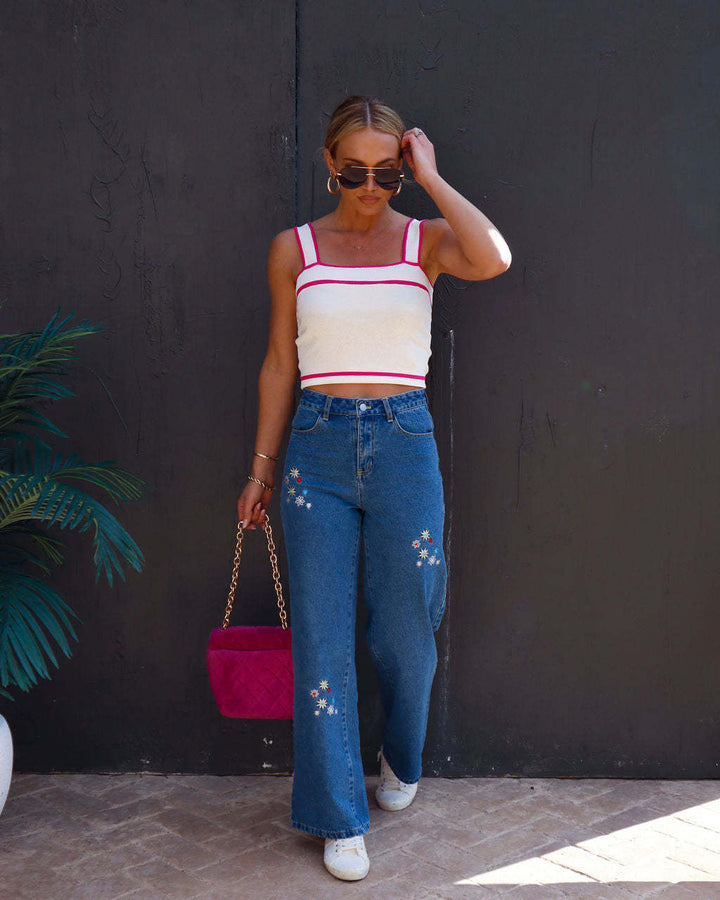 Dame Wide-Leg Jeans med blomstret broderidesign og høj talje Stilla