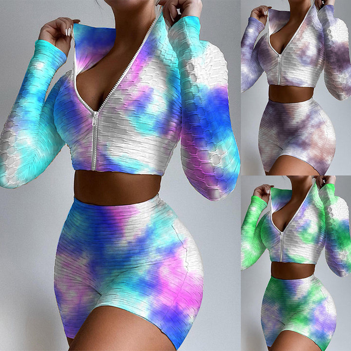 Dame Sporty Crop-Top og Shorts Sæt med Lynlås og Innovativ Tie-Dye-Mønster Stilla
