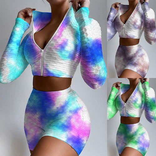 Dame Sporty Crop-Top og Shorts Sæt med Lynlås og Innovativ Tie-Dye-Mønster Stilla