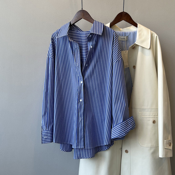 Dame stribet Oversize-bluse med afslappet snit og høj kvalitet bomulds materiale Stilla