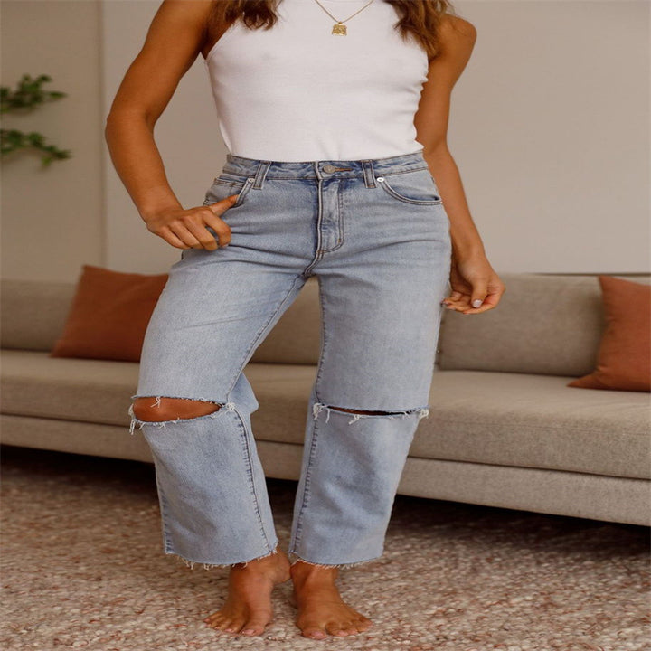 Dame Ripped Jeans i afslappet High-Waist-snits med frynset kanter Stilla
