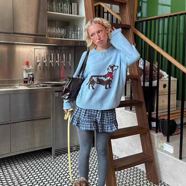 Damer strikket sweater med hundemotiv Stilla
