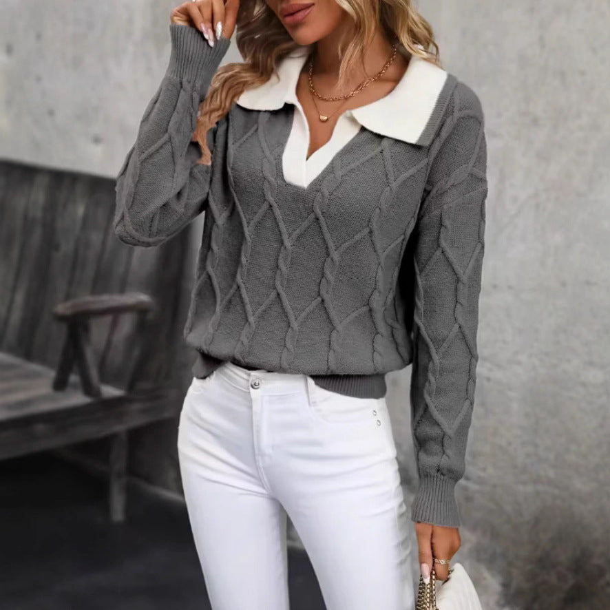 Kvinders strikkede pullover med klassisk polo krave og diamant tekstur Stilla