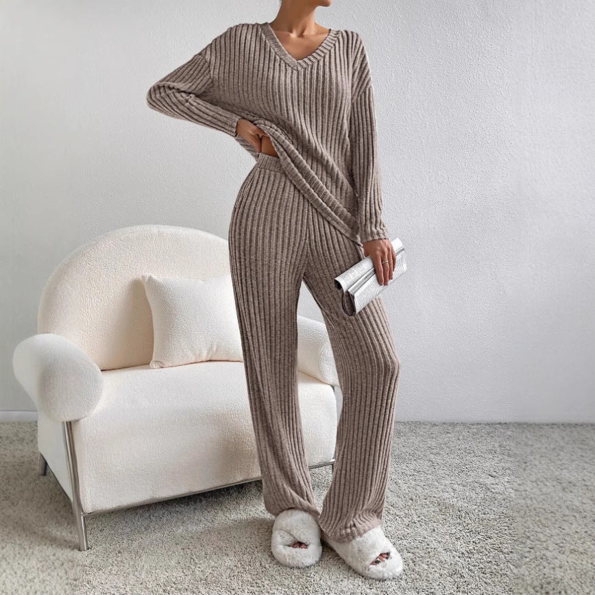 Dame Strik-Loungewear Sæt med Ribstruktur og V-udskæring Stilla