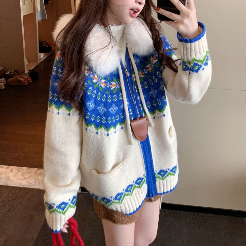 Kvinders cardigan med trendy norsk mønster og luksuriøs faux fur krave Stilla