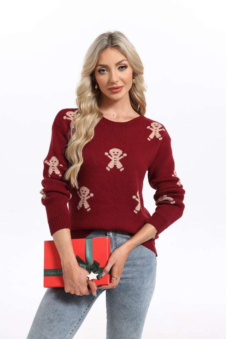 Kvindelig strikket sweater med festligt ingefærbrødsmotiv og løs pasform Stilla