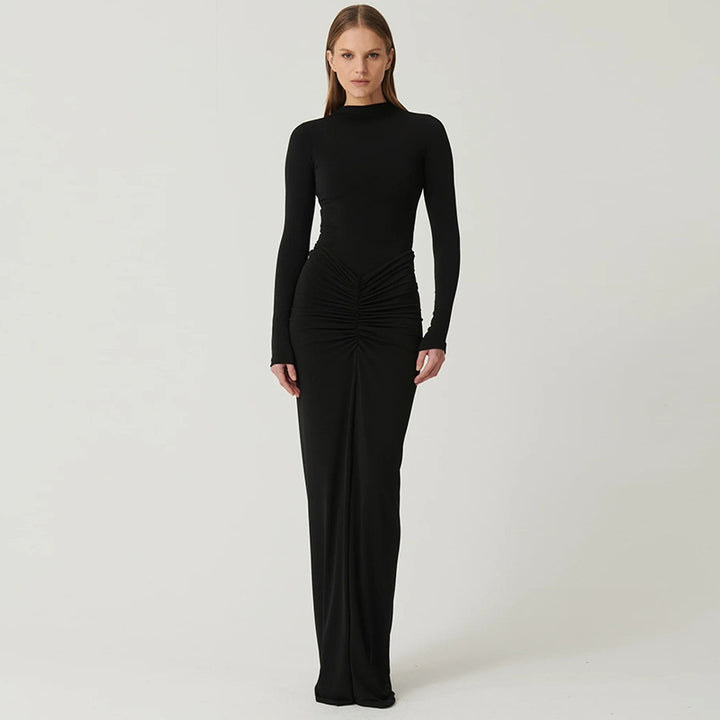 Dame Elegant Maxikjole med raffineret rynkeelement og lang arm Stilla