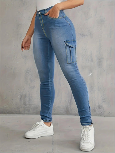 Dame Cargo Skinny Jeans med fashionable sidelommer og høj talje Stilla