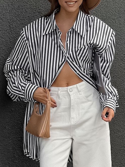 Dame Oversize Stribet Bluse i moderne stil med afrundet kant Stilla