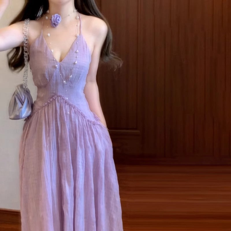 Dame Halter-Neck Maxi-Kjole med Knapdekorationer Stilla