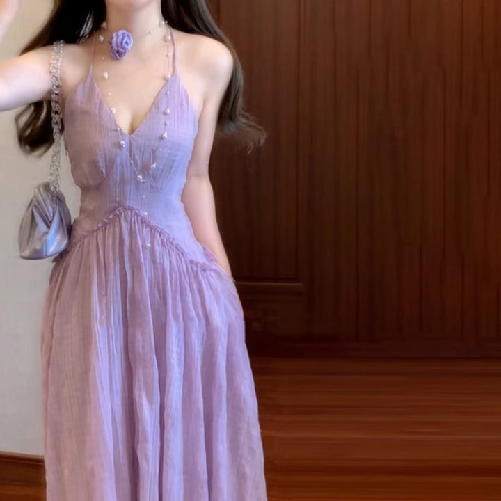 Dame Halter-Neck Maxi-Kjole med Knapdekorationer Stilla