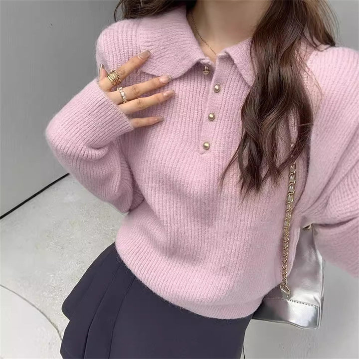Dame Elegant Polo Krave Sweater lavet af Blødt Strik Stilla