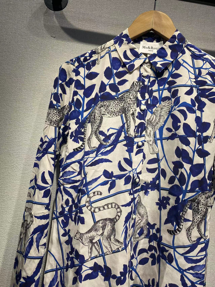 Dame skjorte med kreativt dyre- og plante mønster Stilla