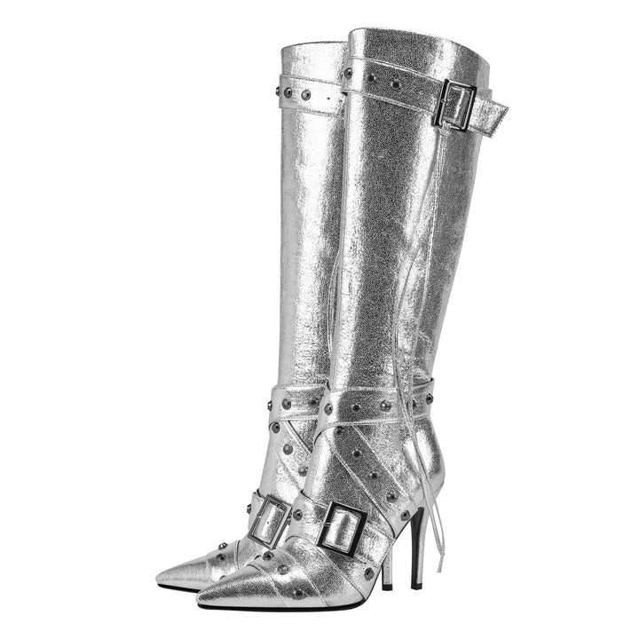 Femme Stiletto Over-knæ Metallic Støvler med Dekorative Spænde- og Nitteaccenter Stilla