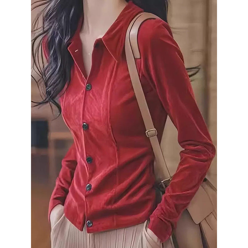 Dame skræddersyet bluse i fløjsagtig bomuld med elegant button-down krave Stilla