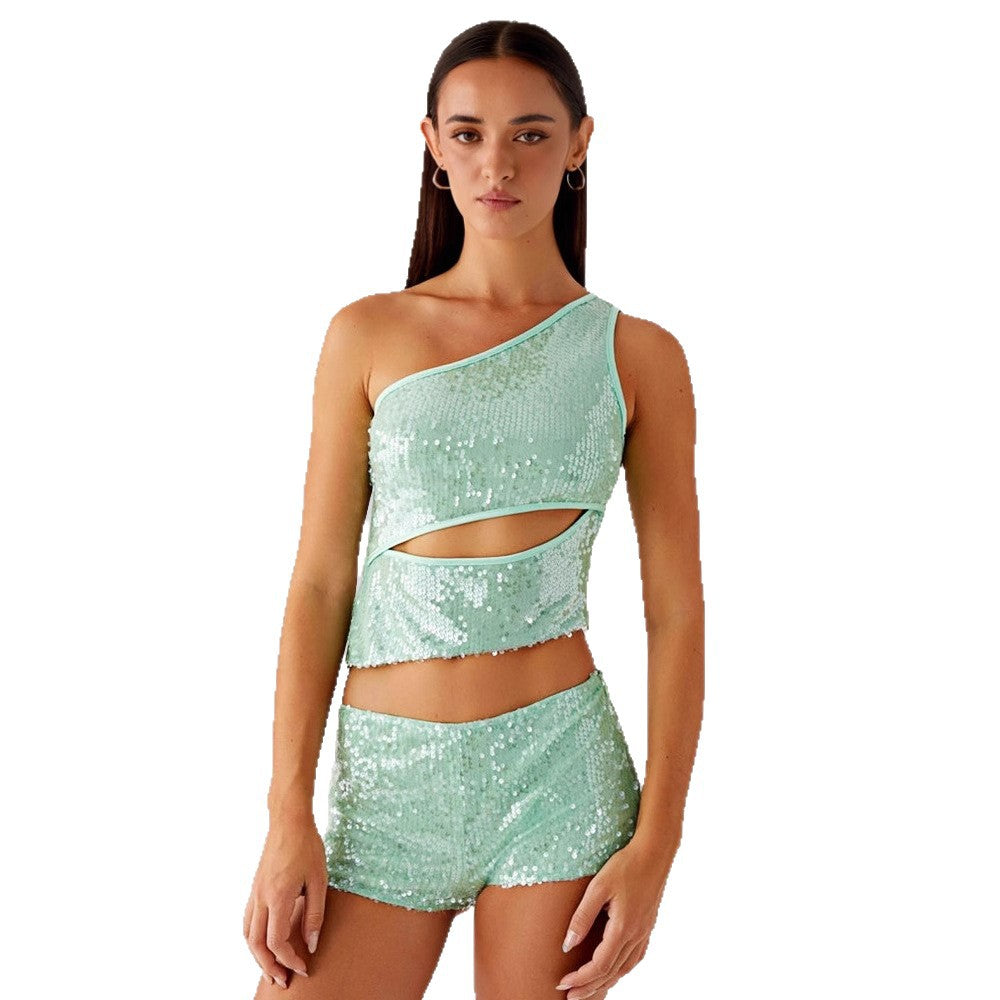 Kvinders glitrende top og shorts sæt Skovae