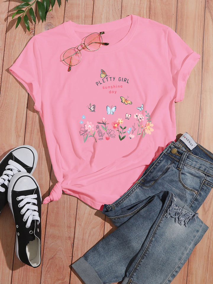 Kvinders t-shirt med legende blomsterprint og elegant print Stilla
