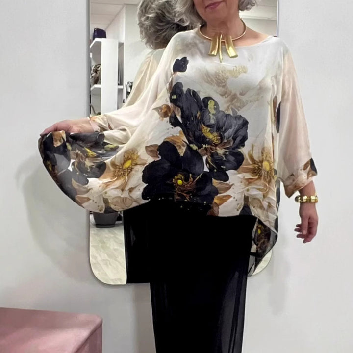Dame nan luftig chiffon-tunika med flagermusærmer, asymmetrisk søm og blomsterprint Skovae