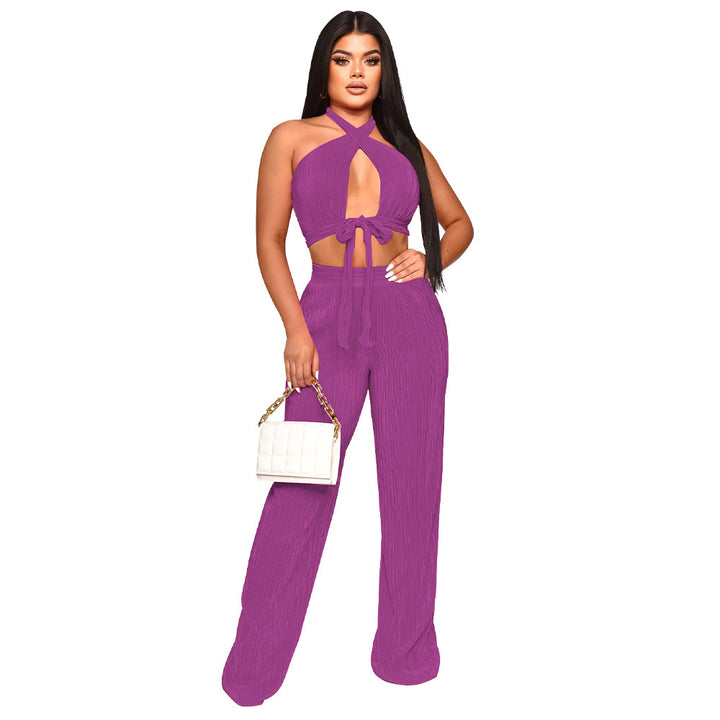 Dame elegant sæt bestående af cropped top og bred bukser med dyb udskæring og taljering Stilla