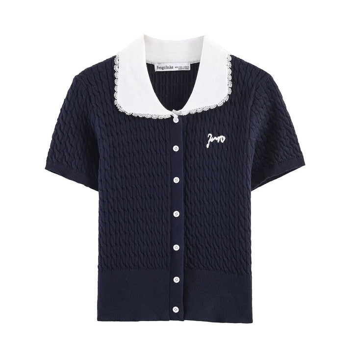 Dame strikbluse med elegant kraveudsmykning Skovae