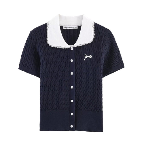 Dame strikbluse med elegant kraveudsmykning Skovae