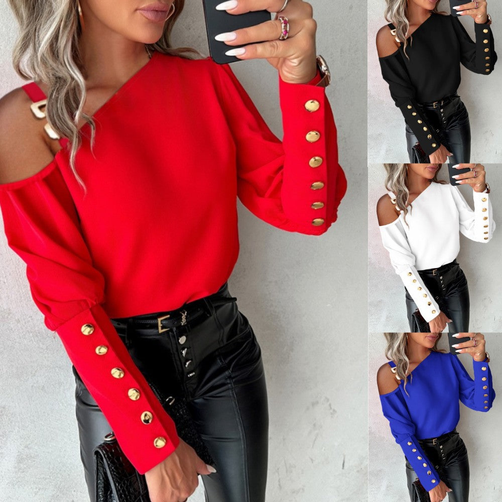 Dame Elegant Bluse med Skulderfri Design og Guldknapdetaljer Stilla